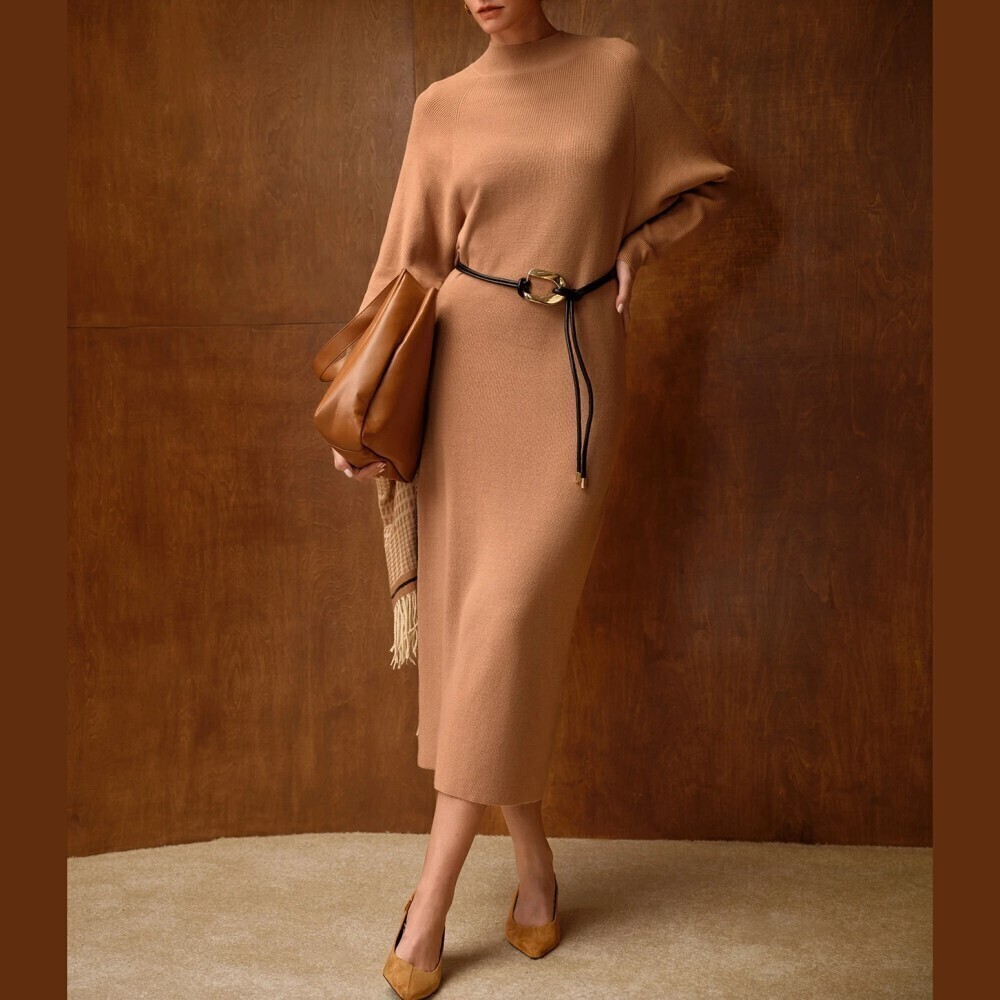 Tan Ribbed Knit Mock Neck Batwing Sleeve Slim Fit Midi Sweater Dress